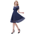 Belle Poque Retro Vintage Kurzarm Rundhals Kontrast Lace Party Kleid Frauen Marine Blau Kleid BP000286-1